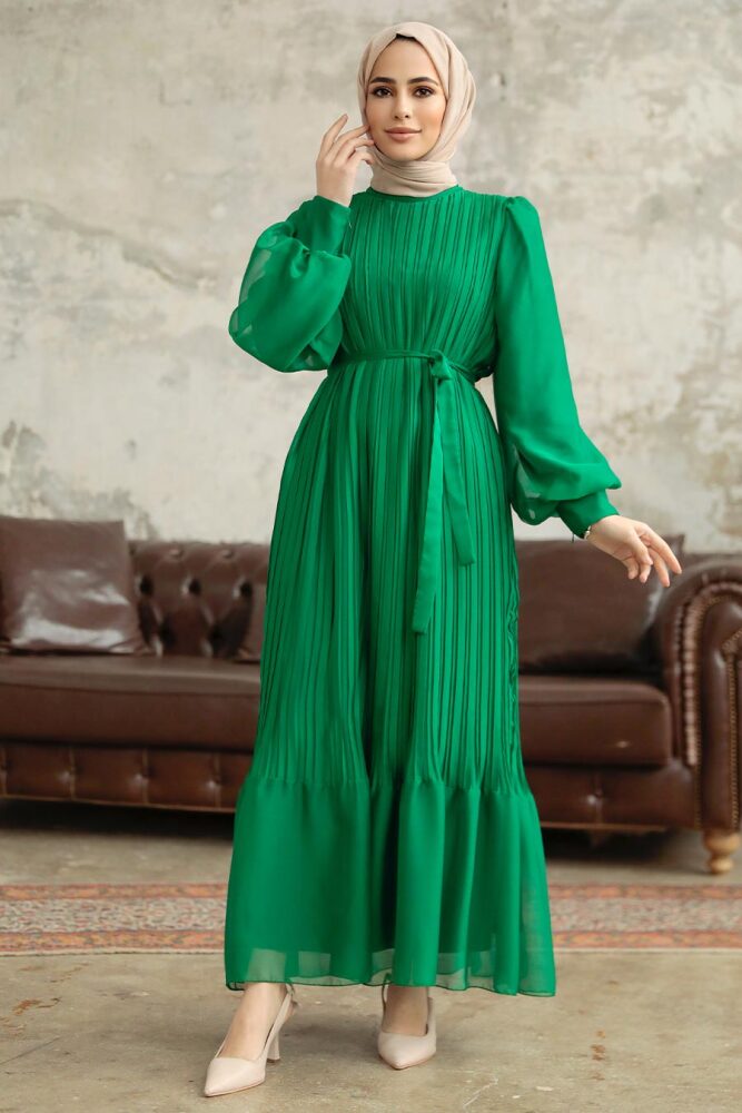 Neva Style - Pileli Yeşil Tesettür Elbise 3747Y - 3