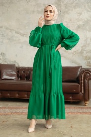 Neva Style - Pileli Yeşil Tesettür Elbise 3747Y - Thumbnail