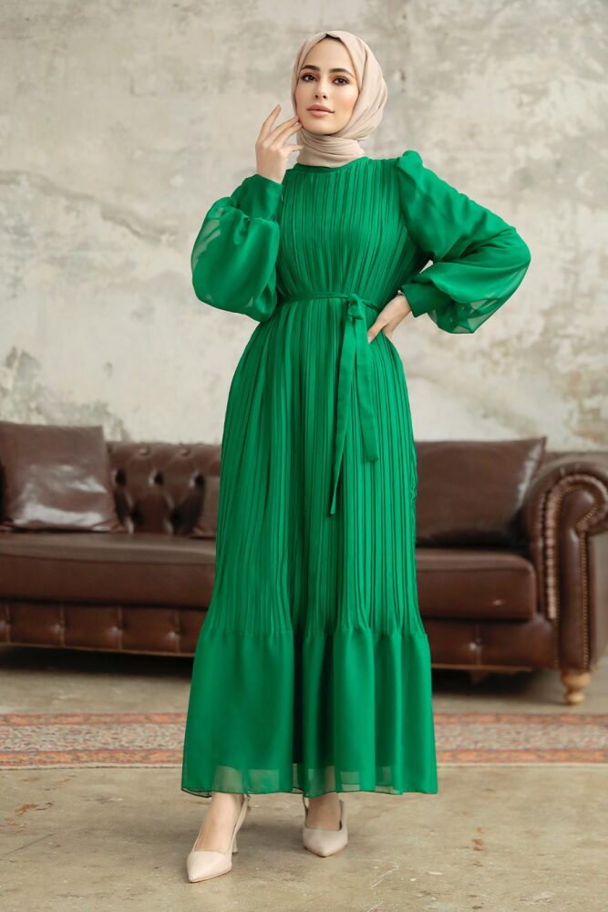 Neva Style - Pileli Yeşil Tesettür Elbise 3747Y - 1