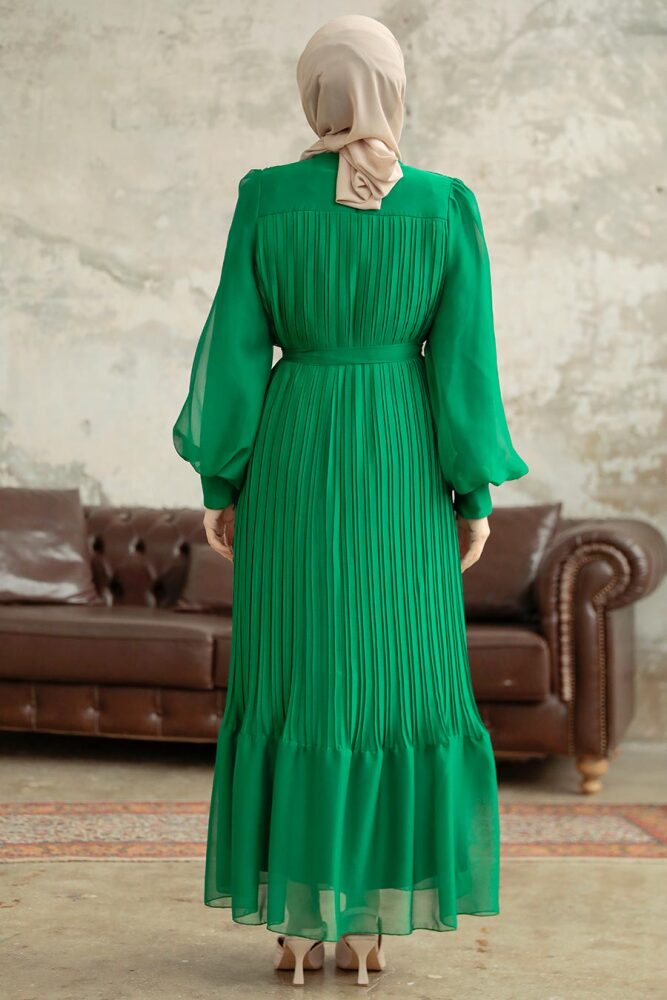Neva Style - Pileli Yeşil Tesettür Elbise 3747Y - 4