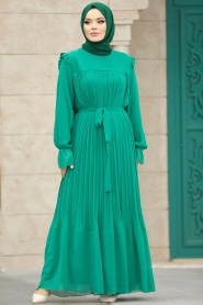 Neva Style - Pileli Yeşil Tesettür Elbise 51634Y - Thumbnail