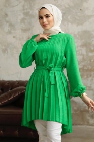 Neva Style - Pileli Yeşil Tesettür Tunik 41233Y - Thumbnail