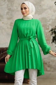 Neva Style - Pileli Yeşil Tesettür Tunik 41233Y - Thumbnail