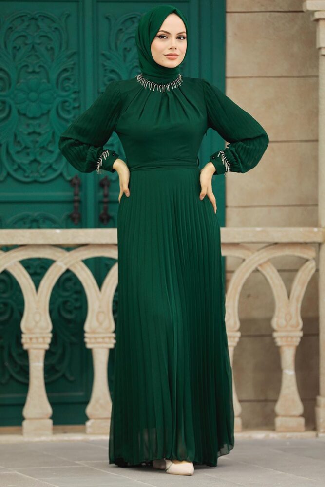 Neva Style - Pileli Zümrüt Yeşili Tesettür Elbise 38510ZY - 1