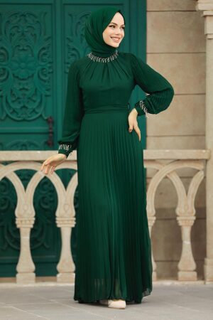 Neva Style - Pileli Zümrüt Yeşili Tesettür Elbise 38510ZY - 2