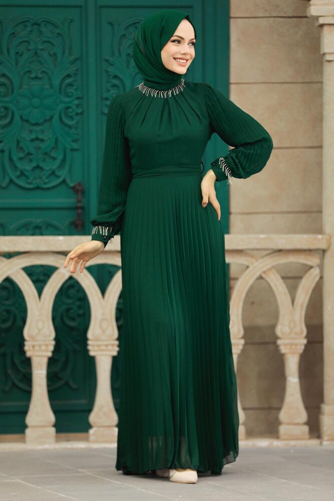 Neva Style - Pileli Zümrüt Yeşili Tesettür Elbise 38510ZY - 2