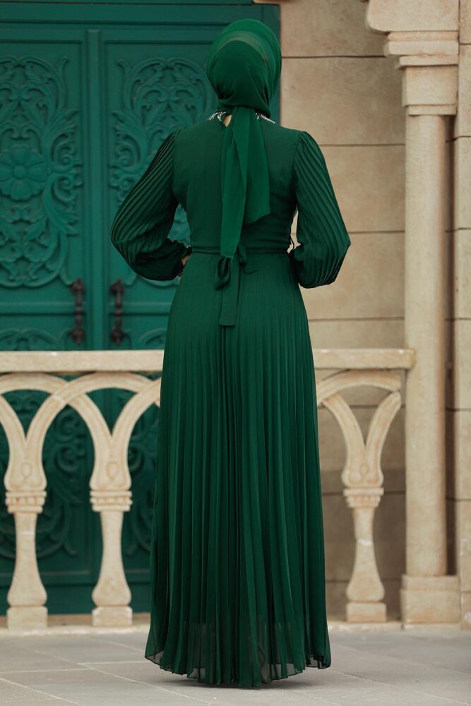 Neva Style - Pileli Zümrüt Yeşili Tesettür Elbise 38510ZY - 3