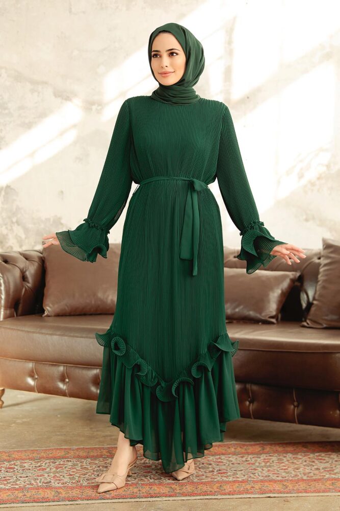 Neva Style - Pileli Zümrüt Yeşili Tesettür Elbise 3856ZY - 1