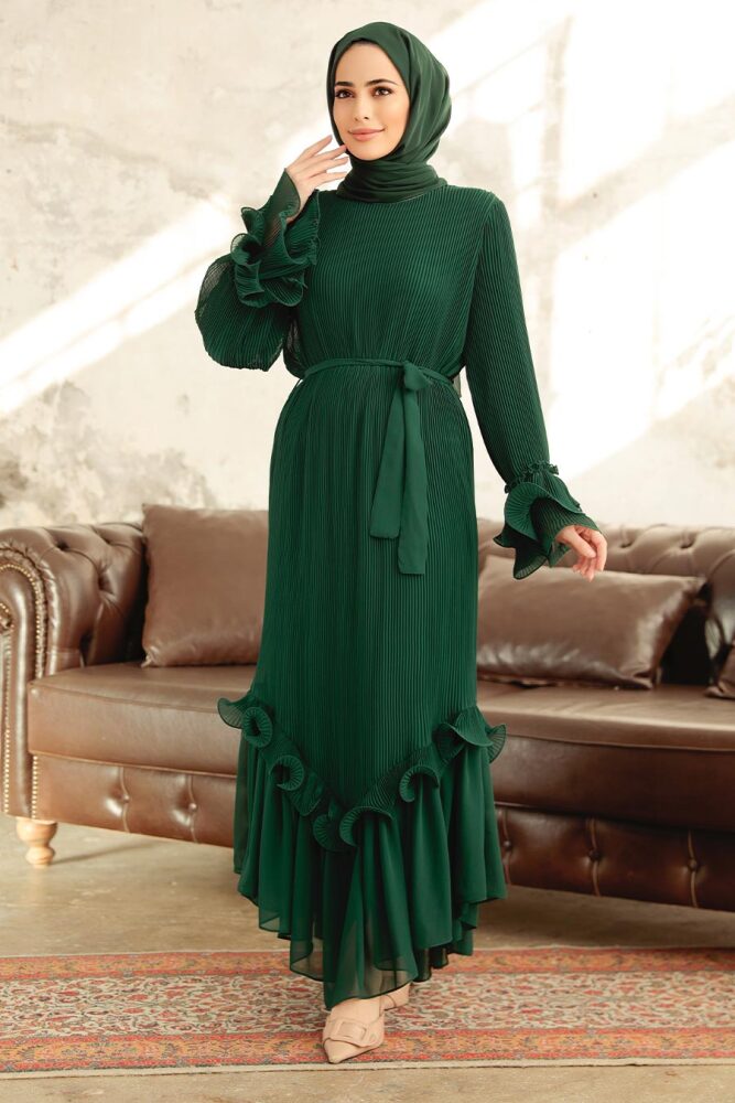 Neva Style - Pileli Zümrüt Yeşili Tesettür Elbise 3856ZY - 3