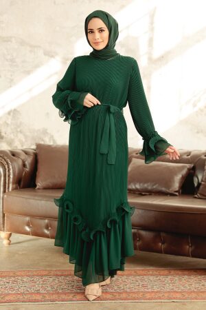 Neva Style - Pileli Zümrüt Yeşili Tesettür Elbise 3856ZY - 2