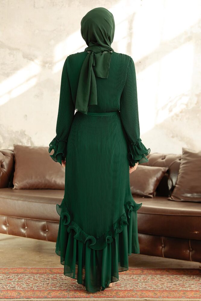 Neva Style - Pileli Zümrüt Yeşili Tesettür Elbise 3856ZY - 4