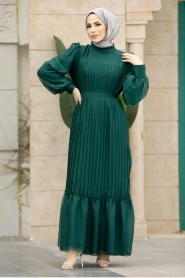 Neva Style - Pileli Zümrüt Yeşili Tesettür Elbise 39651ZY - Thumbnail
