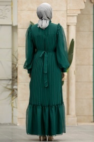 Neva Style - Pileli Zümrüt Yeşili Tesettür Elbise 39651ZY - Thumbnail