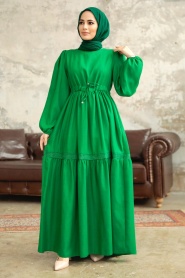 Neva Style - Pilise Detaylı Yeşil Tesettür Elbise 5864Y - Thumbnail