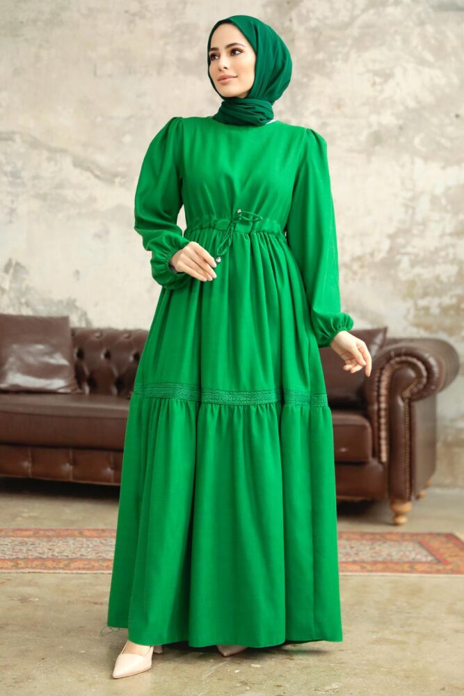 Neva Style - Pilise Detaylı Yeşil Tesettür Elbise 5864Y - 2
