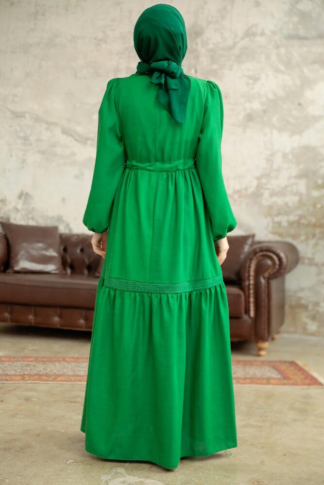 Neva Style - Pilise Detaylı Yeşil Tesettür Elbise 5864Y - 3