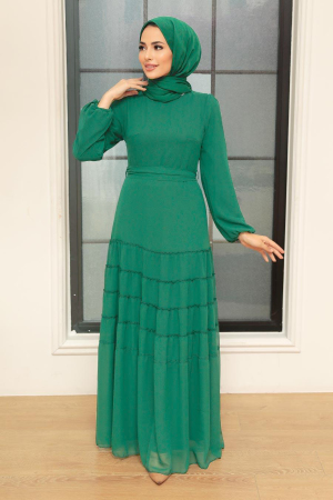 Neva Style - Piliseli Çağla Yeşili Tesettür Elbise 5712CY - 1