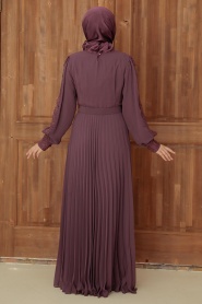 Neva Style - Piliseli Koyu Gül Kurusu Tesettür Elbise 30060KGK - Thumbnail