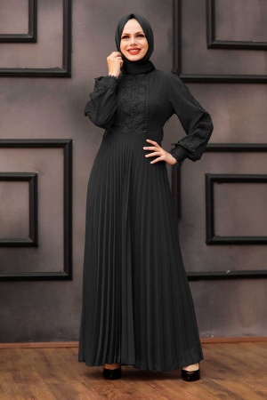 Neva Style - Piliseli Siyah Tesettür Elbise 30060S - 1