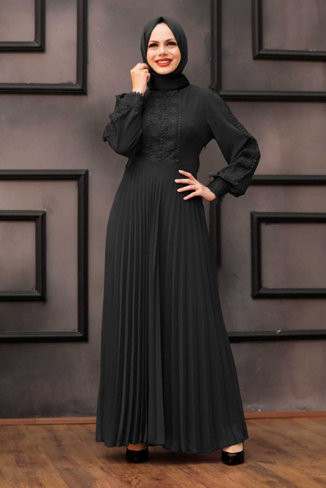 Neva Style - Piliseli Siyah Tesettür Elbise 30060S - 1