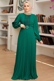 Neva Style - Piliseli Yeşil Tesettür Elbise 30060Y - Thumbnail