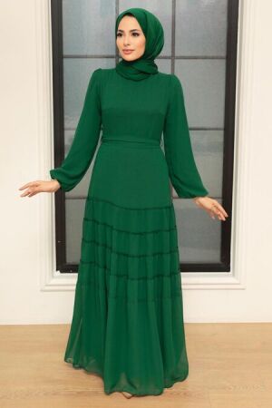  Neva Style - Piliseli Yeşil Tesettür Elbise 5712Y - 1