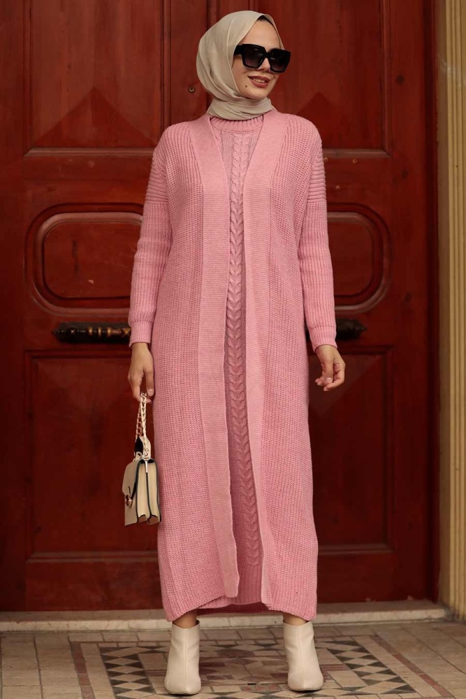 Neva Style -Pink Hijab Knitwear Suit Dress 3171P - 1