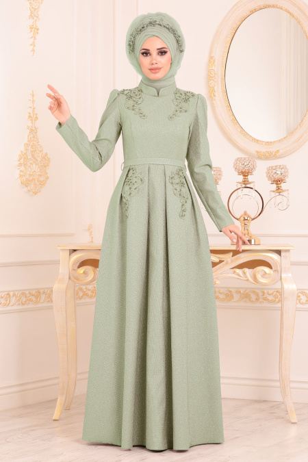 Karpuz Kol Dantel Detaylı Fıstık Yeşili Tesettür Abiye Elbise 36540FY