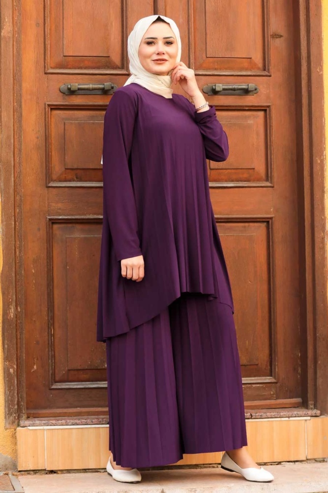  Neva Style - Pliseli Koyu Mor Tesettür İkili Takım 50054KMOR - 1