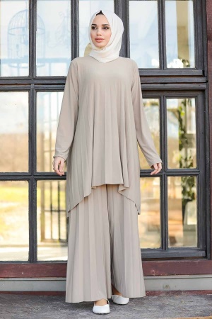 Neva Style - Pliseli Bej Tesettür İkili Takım 50054BEJ - 1