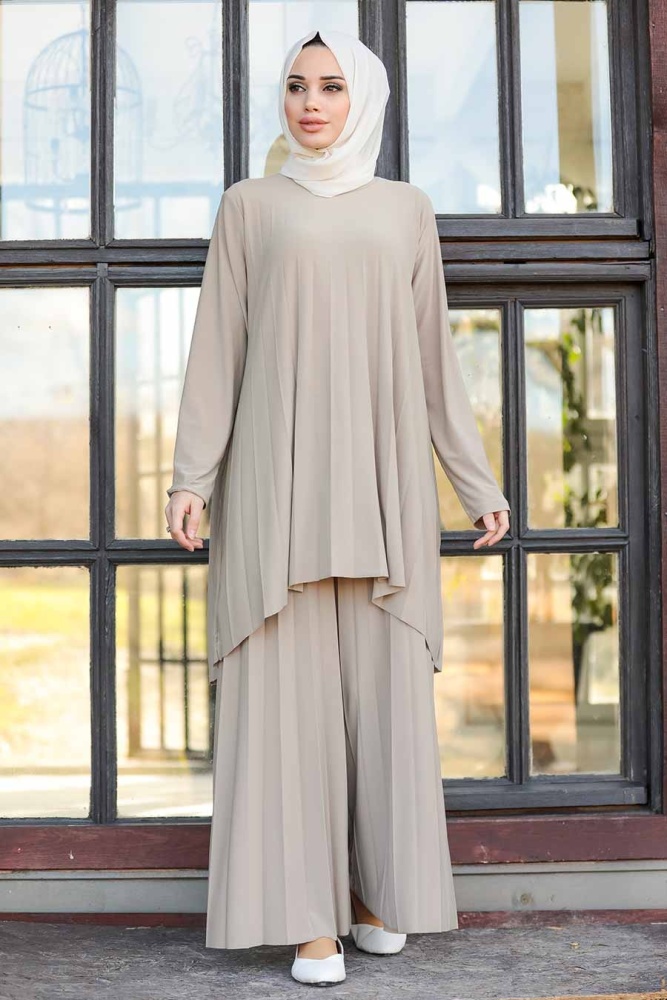 Neva Style - Pliseli Bej Tesettür İkili Takım 50054BEJ - 1