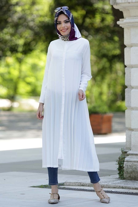 Neva Style - Pliseli Beyaz Tunik