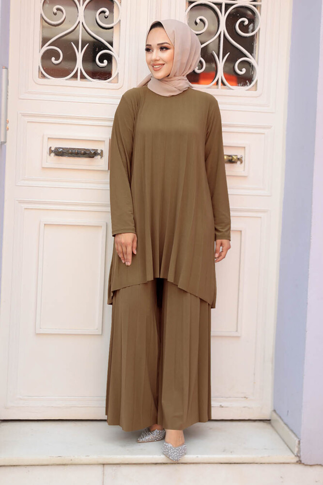 Neva Style - Pliseli Bisküvi Tesettür İkili Takım 50054BS - 1