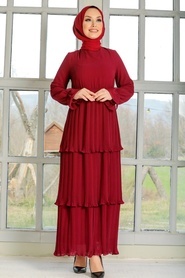 Neva Style - Pliseli Bordo Tesettür Elbise 2733BR - Thumbnail