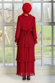 Neva Style - Pliseli Bordo Tesettür Elbise 2733BR - Thumbnail