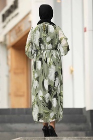 Neva Style - Pliseli Çağla Yeşili Tesettür Elbise 33250CY - Thumbnail