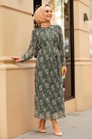 Neva Style - Pliseli Çağla Yeşili Tesettür Elbise 33254CY - Thumbnail
