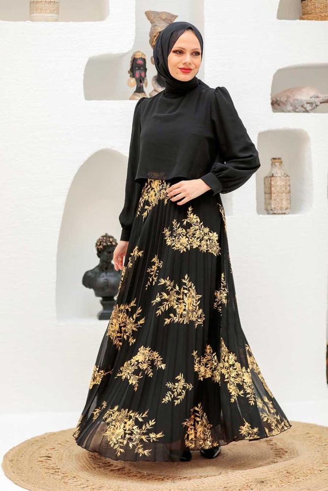 Neva Style - Pliseli Gold Tesettür Elbise 3296GOLD - 2