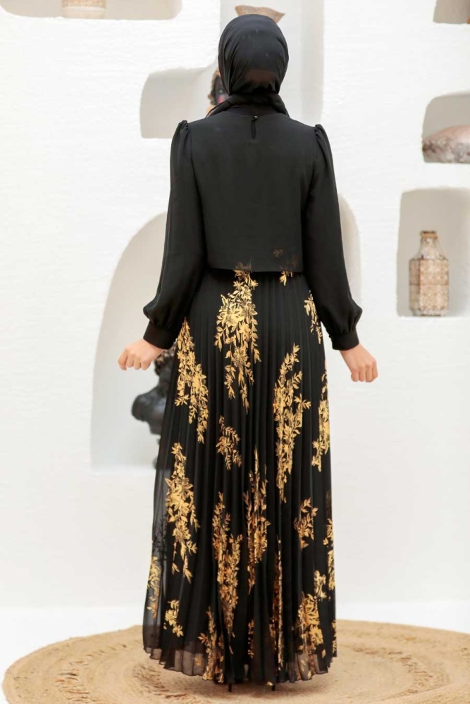 Neva Style - Pliseli Gold Tesettür Elbise 3296GOLD - 3
