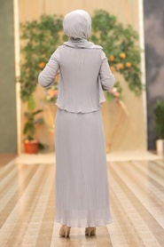 Neva Style - Pliseli Gri Tesettür Elbise 2860GR - Thumbnail