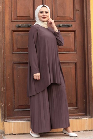 Neva Style - Pliseli Gül Kurusu Tesettür İkili Takım 50054GK - 1