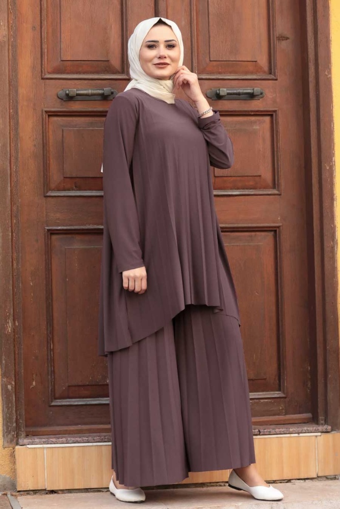 Neva Style - Pliseli Gül Kurusu Tesettür İkili Takım 50054GK - 1