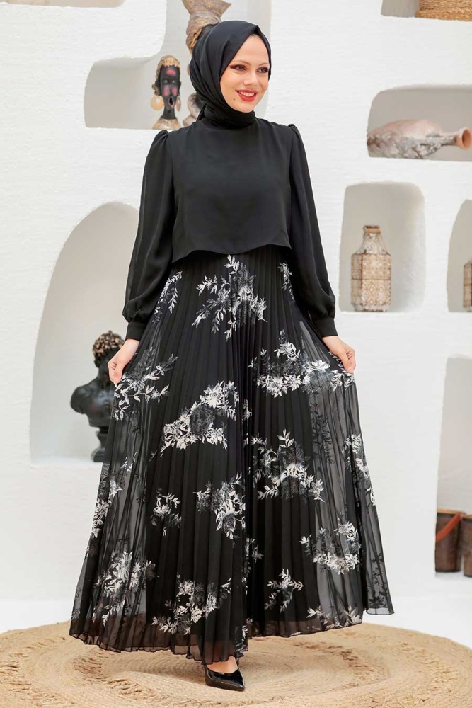 Neva Style - Pliseli Gümüş Tesettür Elbise 3296GMS - 1