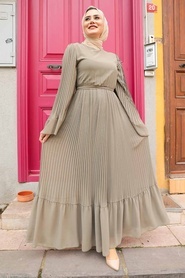 Neva Style - Pliseli Haki Tesettür Elbise 2884HK - Thumbnail