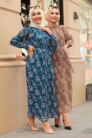 Neva Style - Pliseli İndigo Mavisi Tesettür Elbise 33254IM - Thumbnail