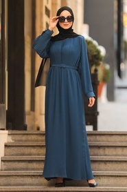 Neva Style - Pliseli İndigo Mavisi Tesettür Elbise 3337IM - Thumbnail