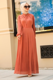 Neva Style - Pliseli Kiremit Tesettür Elbise 2411KRMT - Thumbnail