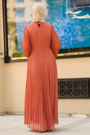 Neva Style - Pliseli Kiremit Tesettür Elbise 2411KRMT - Thumbnail