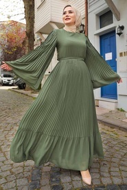 Neva Style - Pliseli Koyu Haki Tesettür Elbise 2884KHK - Thumbnail