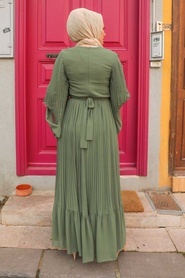 Neva Style - Pliseli Koyu Haki Tesettür Elbise 2884KHK - Thumbnail